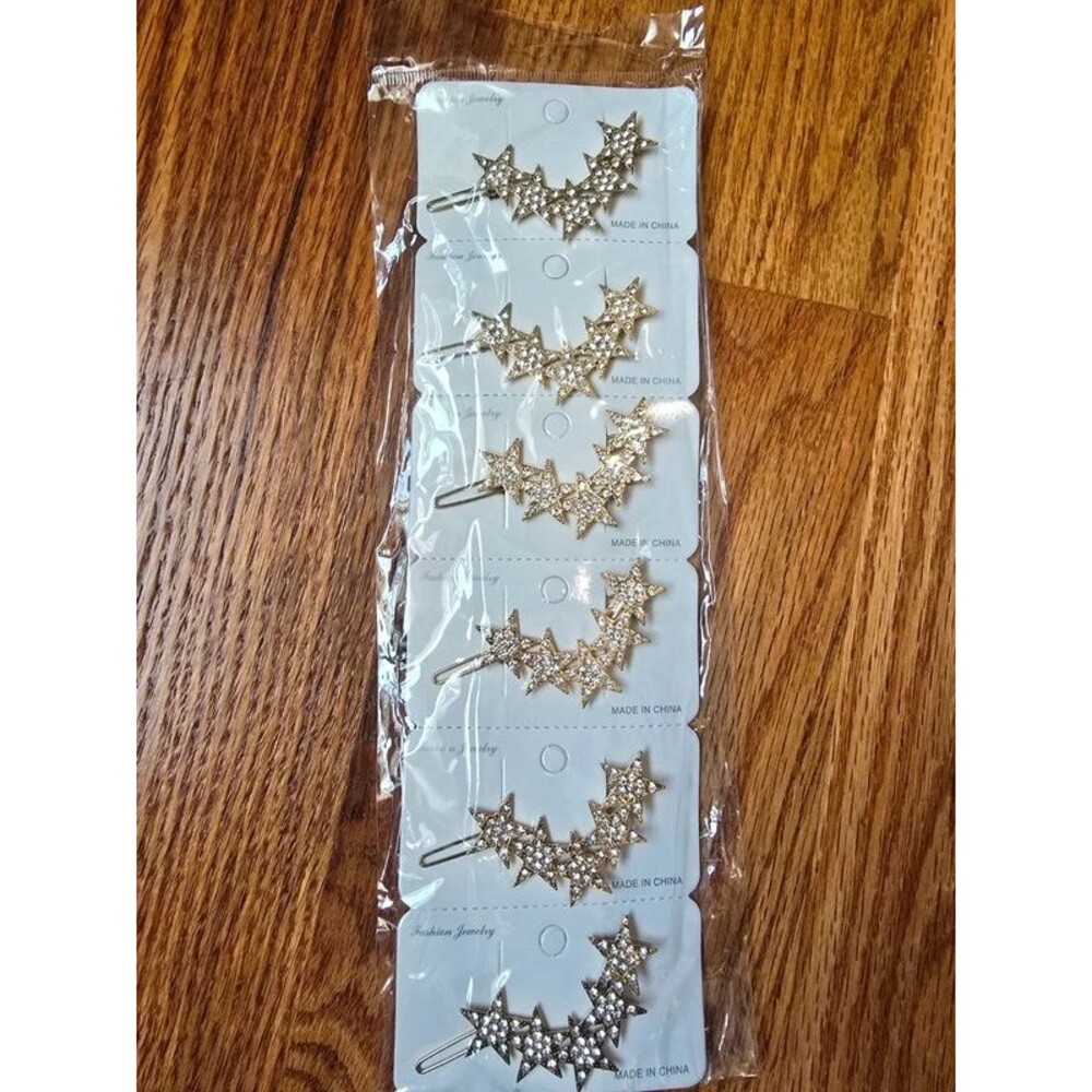 6 Gold Tone Rhinestone Star Hair Clips – New